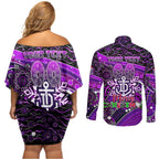 Merry Christmas AFL Fremantle Freo Couples Matching Off Shoulder Short Dress and Long Sleeve Button Shirt Aboriginal Santa Football Mascot