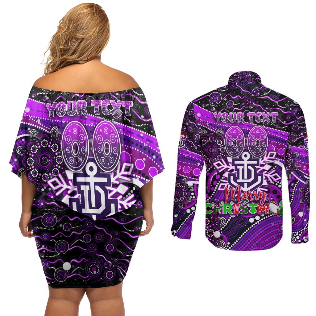 Merry Christmas AFL Fremantle Freo Couples Matching Off Shoulder Short Dress and Long Sleeve Button Shirt Aboriginal Santa Football Mascot