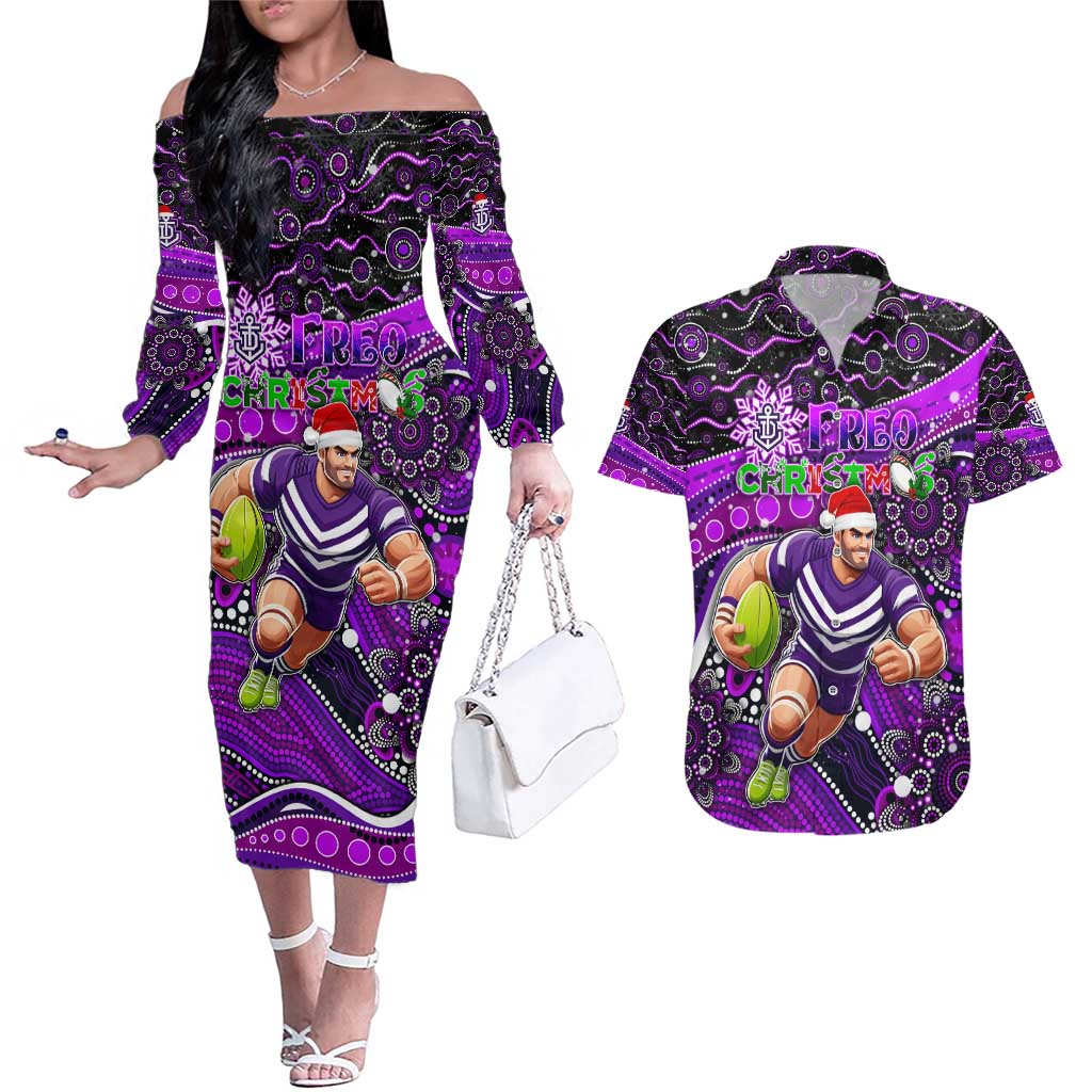 Merry Christmas AFL Fremantle Freo Couples Matching Off The Shoulder Long Sleeve Dress and Hawaiian Shirt Aboriginal Santa Football Mascot