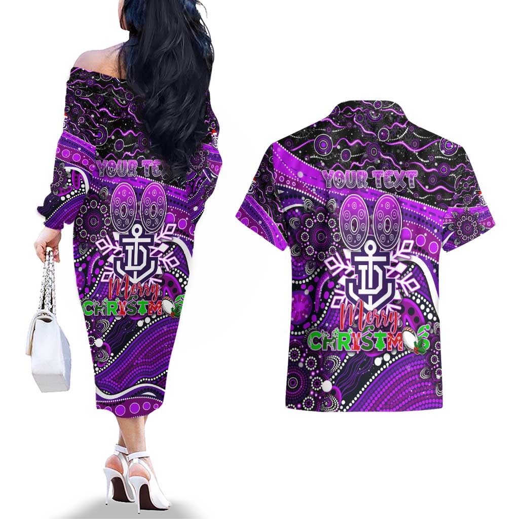 Merry Christmas AFL Fremantle Freo Couples Matching Off The Shoulder Long Sleeve Dress and Hawaiian Shirt Aboriginal Santa Football Mascot