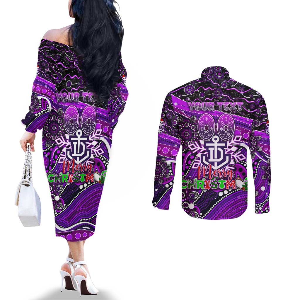 Merry Christmas AFL Fremantle Freo Couples Matching Off The Shoulder Long Sleeve Dress and Long Sleeve Button Shirt Aboriginal Santa Football Mascot
