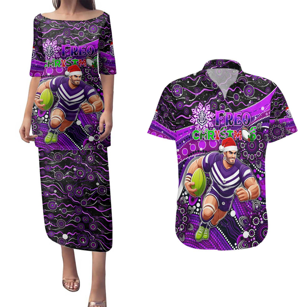 Merry Christmas AFL Fremantle Freo Couples Matching Puletasi and Hawaiian Shirt Aboriginal Santa Football Mascot
