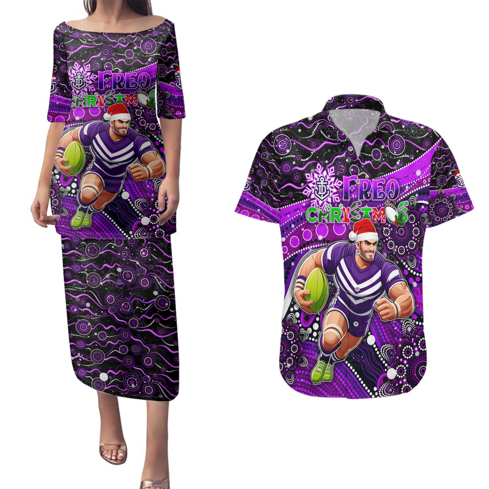 Merry Christmas AFL Fremantle Freo Couples Matching Puletasi and Hawaiian Shirt Aboriginal Santa Football Mascot