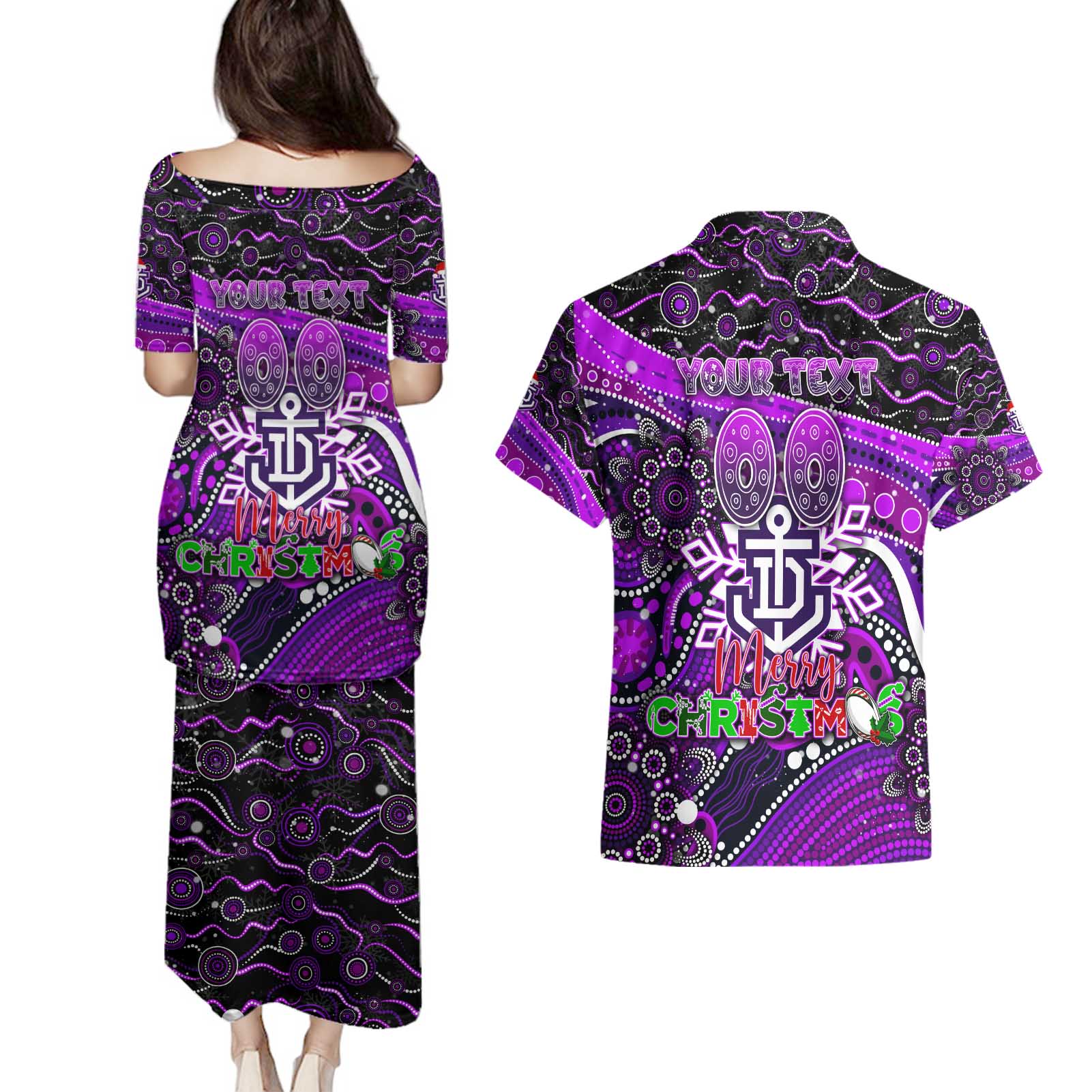 Merry Christmas AFL Fremantle Freo Couples Matching Puletasi and Hawaiian Shirt Aboriginal Santa Football Mascot