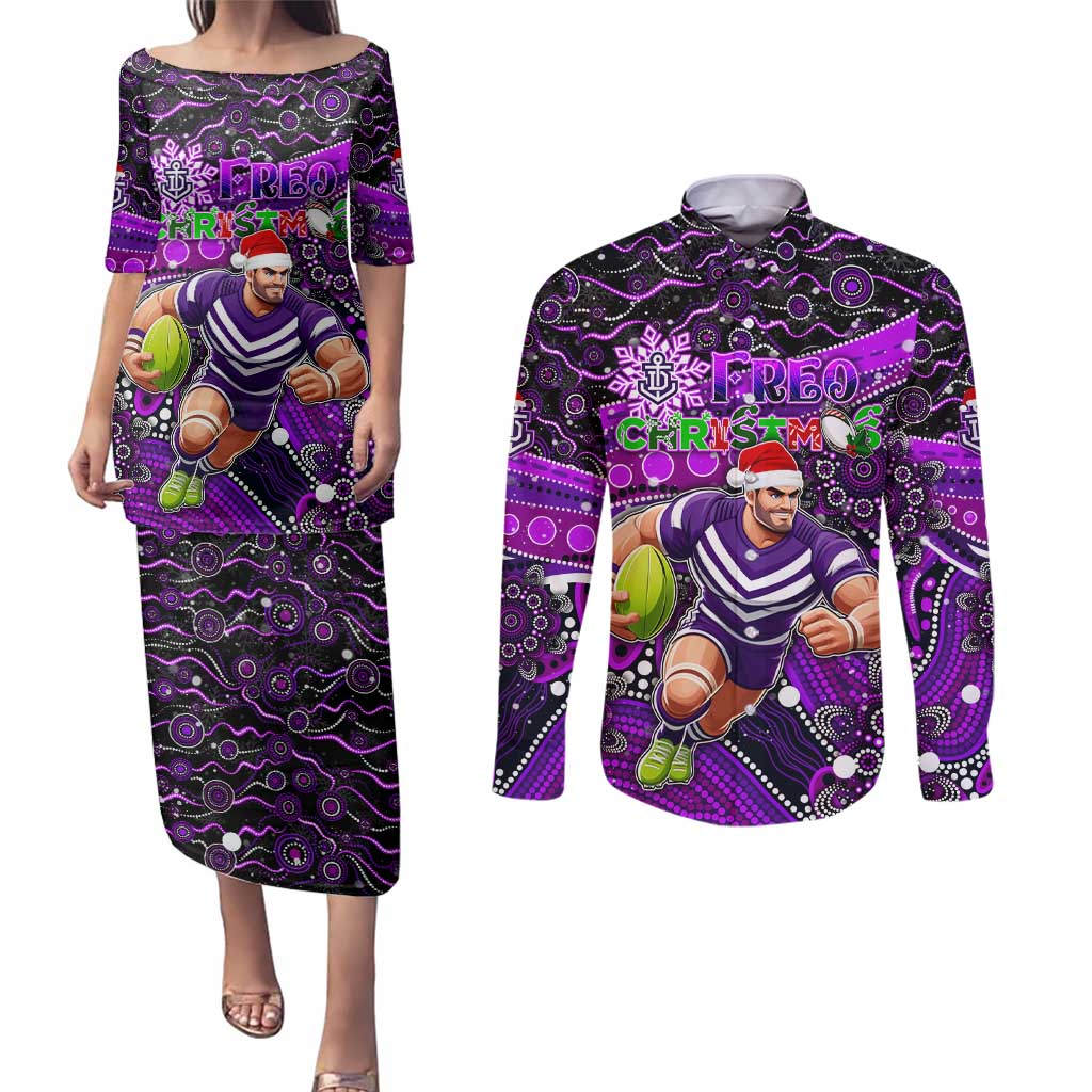 Merry Christmas AFL Fremantle Freo Couples Matching Puletasi and Long Sleeve Button Shirt Aboriginal Santa Football Mascot