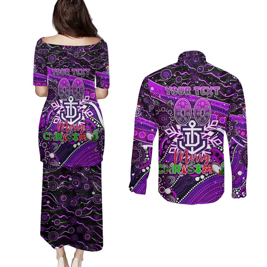 Merry Christmas AFL Fremantle Freo Couples Matching Puletasi and Long Sleeve Button Shirt Aboriginal Santa Football Mascot