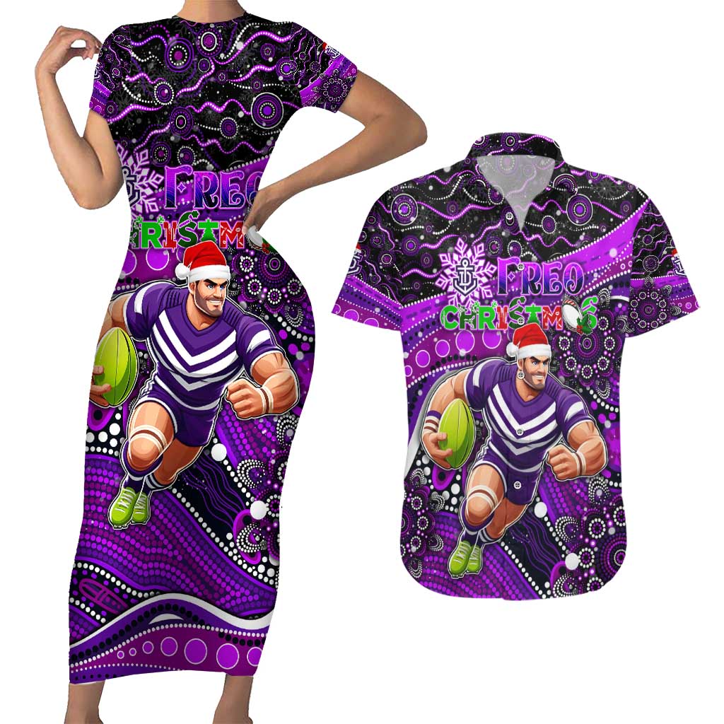 Merry Christmas AFL Fremantle Freo Couples Matching Short Sleeve Bodycon Dress and Hawaiian Shirt Aboriginal Santa Football Mascot