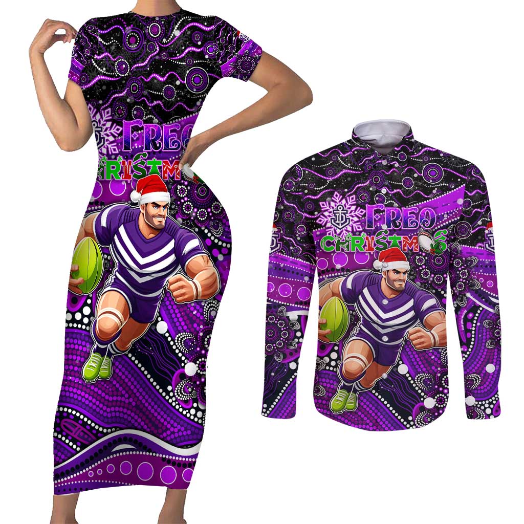 Merry Christmas AFL Fremantle Freo Couples Matching Short Sleeve Bodycon Dress and Long Sleeve Button Shirt Aboriginal Santa Football Mascot