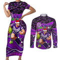 Merry Christmas AFL Fremantle Freo Couples Matching Short Sleeve Bodycon Dress and Long Sleeve Button Shirt Aboriginal Santa Football Mascot