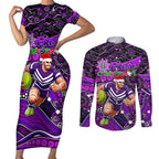 Merry Christmas AFL Fremantle Freo Couples Matching Short Sleeve Bodycon Dress and Long Sleeve Button Shirt Aboriginal Santa Football Mascot