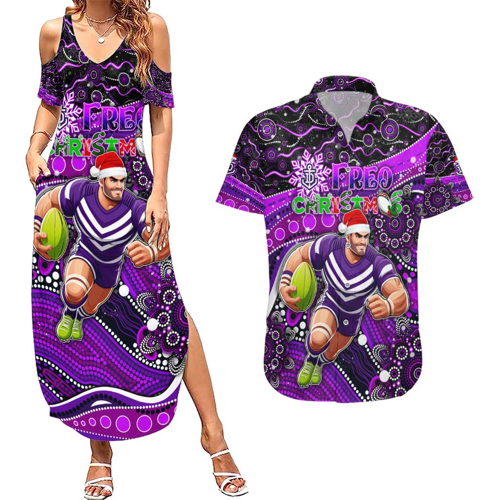 Merry Christmas AFL Fremantle Freo Couples Matching Summer Maxi Dress and Hawaiian Shirt Aboriginal Santa Football Mascot