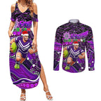 Merry Christmas AFL Fremantle Freo Couples Matching Summer Maxi Dress and Long Sleeve Button Shirt Aboriginal Santa Football Mascot