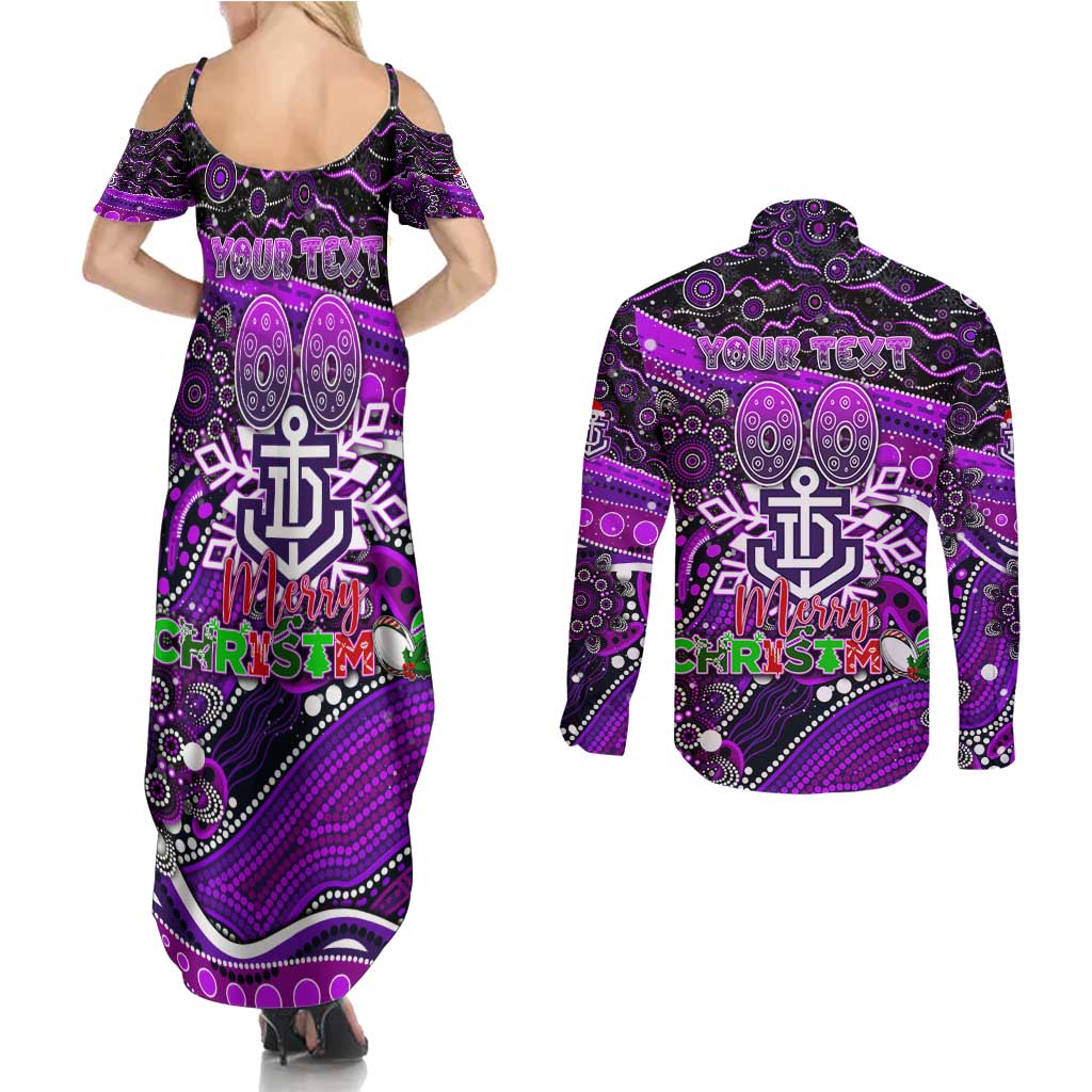 Merry Christmas AFL Fremantle Freo Couples Matching Summer Maxi Dress and Long Sleeve Button Shirt Aboriginal Santa Football Mascot