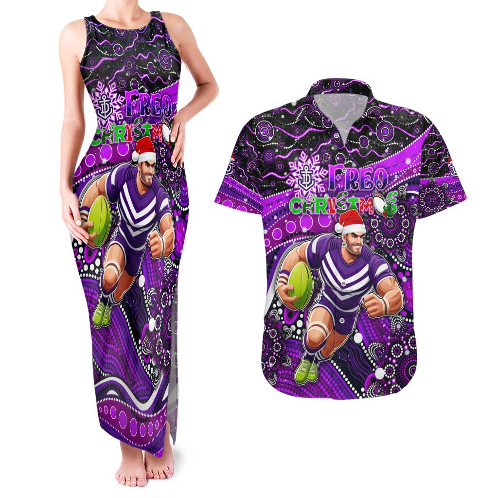 Merry Christmas AFL Fremantle Freo Couples Matching Tank Maxi Dress and Hawaiian Shirt Aboriginal Santa Football Mascot
