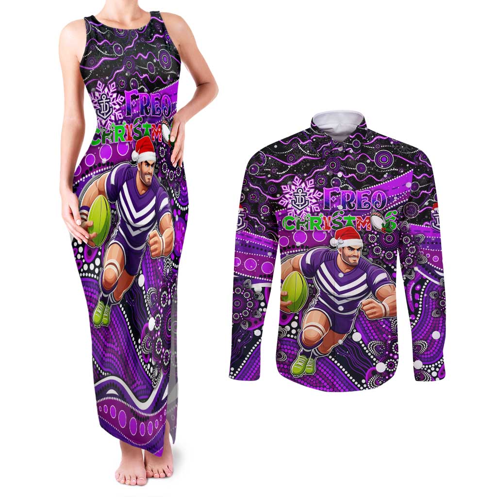 Merry Christmas AFL Fremantle Freo Couples Matching Tank Maxi Dress and Long Sleeve Button Shirt Aboriginal Santa Football Mascot