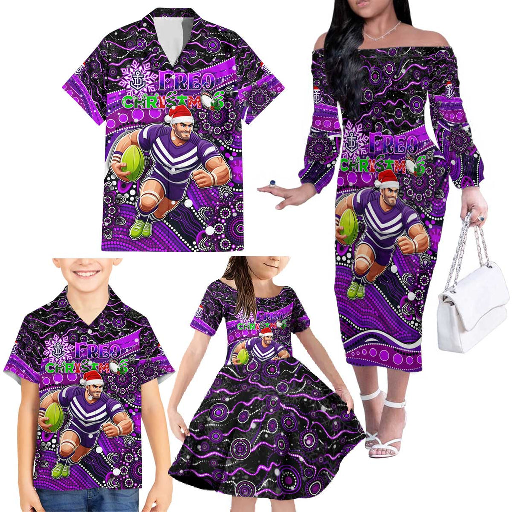 Merry Christmas AFL Fremantle Freo Family Matching Off The Shoulder Long Sleeve Dress and Hawaiian Shirt Aboriginal Santa Football Mascot