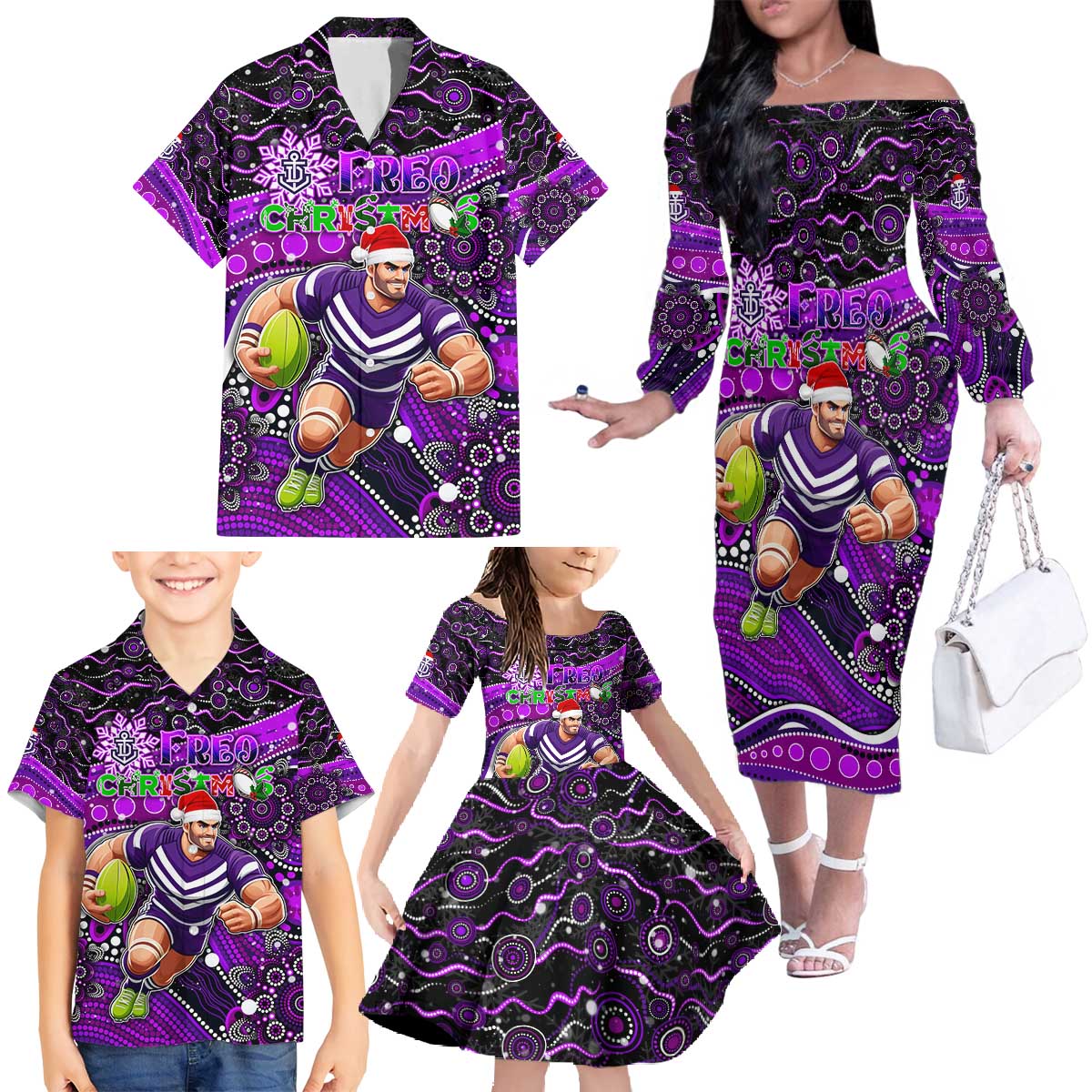 Merry Christmas AFL Fremantle Freo Family Matching Off The Shoulder Long Sleeve Dress and Hawaiian Shirt Aboriginal Santa Football Mascot