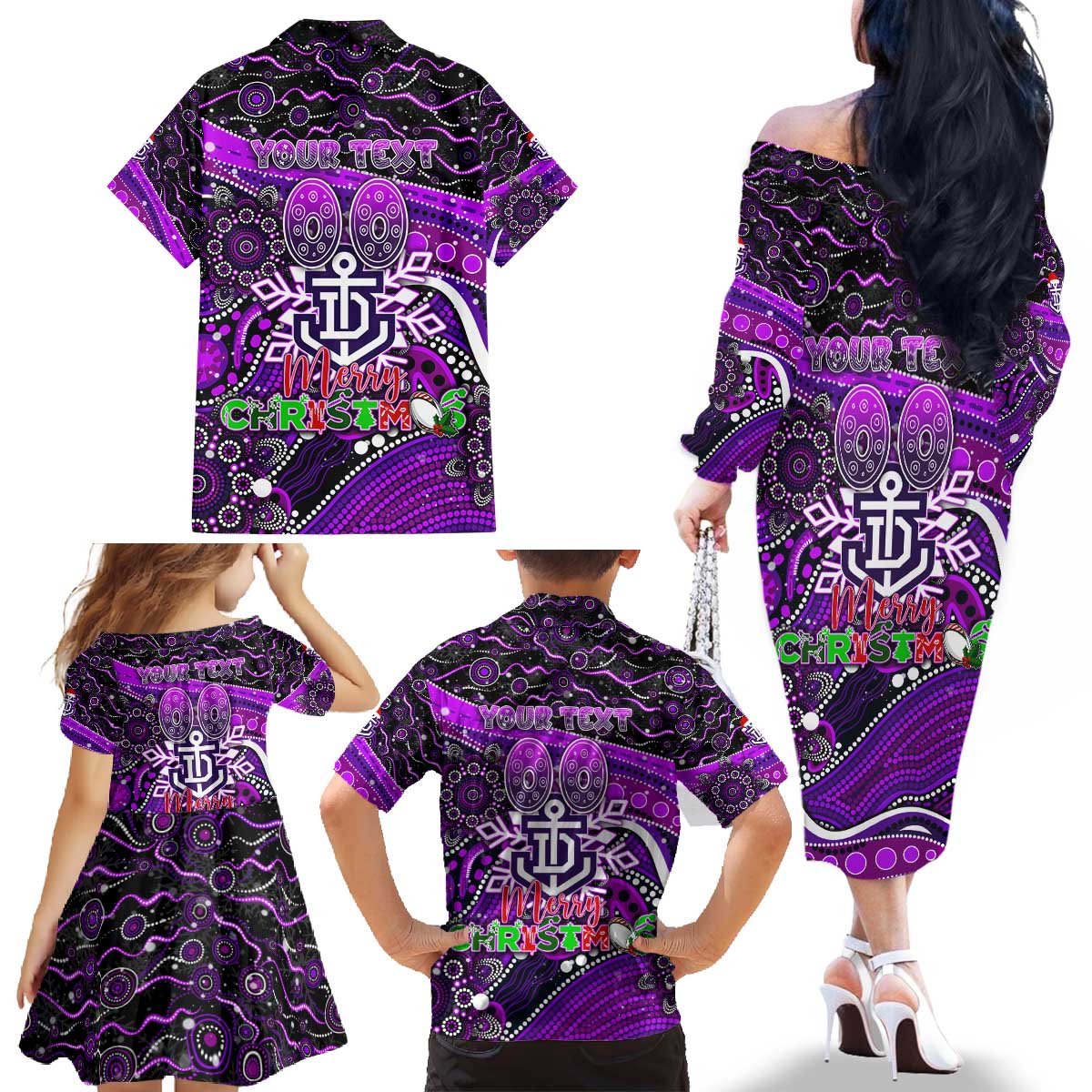 Merry Christmas AFL Fremantle Freo Family Matching Off The Shoulder Long Sleeve Dress and Hawaiian Shirt Aboriginal Santa Football Mascot