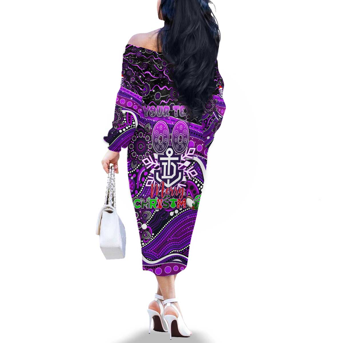 Merry Christmas AFL Fremantle Freo Family Matching Off The Shoulder Long Sleeve Dress and Hawaiian Shirt Aboriginal Santa Football Mascot
