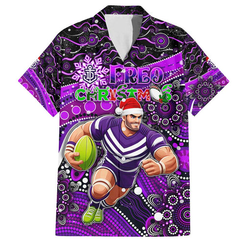 Merry Christmas AFL Fremantle Freo Family Matching Off Shoulder Short Dress and Hawaiian Shirt Aboriginal Santa Football Mascot