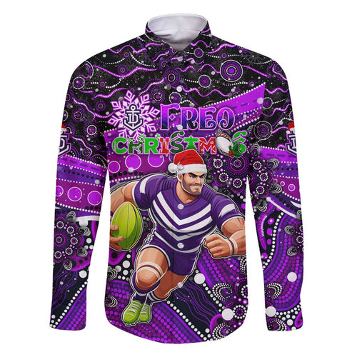 Merry Christmas AFL Fremantle Freo Family Matching Off Shoulder Short Dress and Hawaiian Shirt Aboriginal Santa Football Mascot