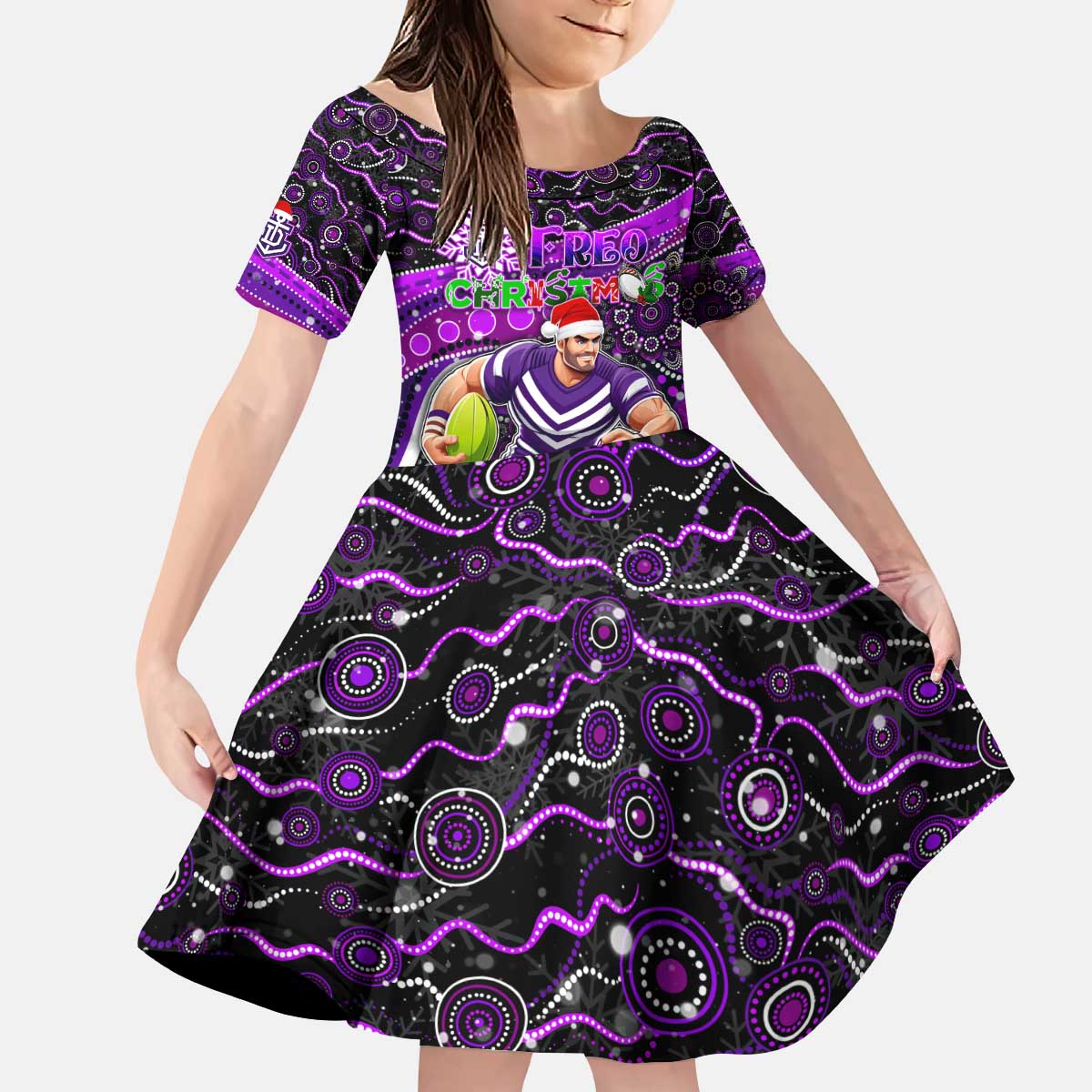 Merry Christmas AFL Fremantle Freo Kid Short Sleeve Dress Aboriginal Santa Football Mascot