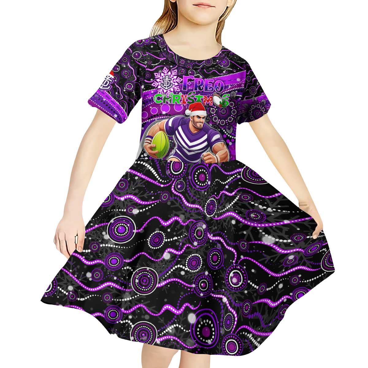 Merry Christmas AFL Fremantle Freo Kid Short Sleeve Dress Aboriginal Santa Football Mascot