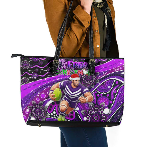 Merry Christmas AFL Fremantle Freo Leather Tote Bag Aboriginal Santa Football Mascot