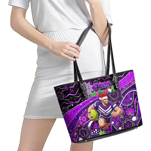 Merry Christmas AFL Fremantle Freo Leather Tote Bag Aboriginal Santa Football Mascot