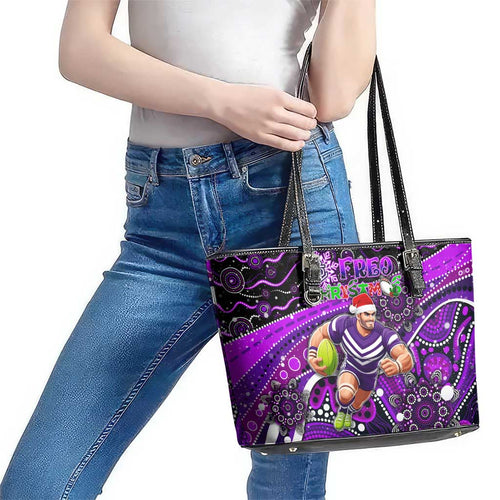 Merry Christmas AFL Fremantle Freo Leather Tote Bag Aboriginal Santa Football Mascot