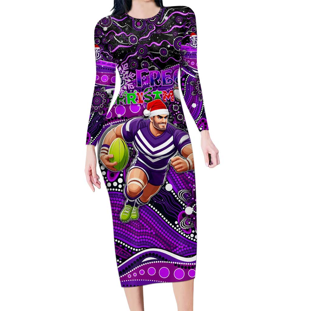 Merry Christmas AFL Fremantle Freo Long Sleeve Bodycon Dress Aboriginal Santa Football Mascot