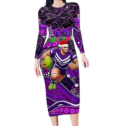 Merry Christmas AFL Fremantle Freo Long Sleeve Bodycon Dress Aboriginal Santa Football Mascot