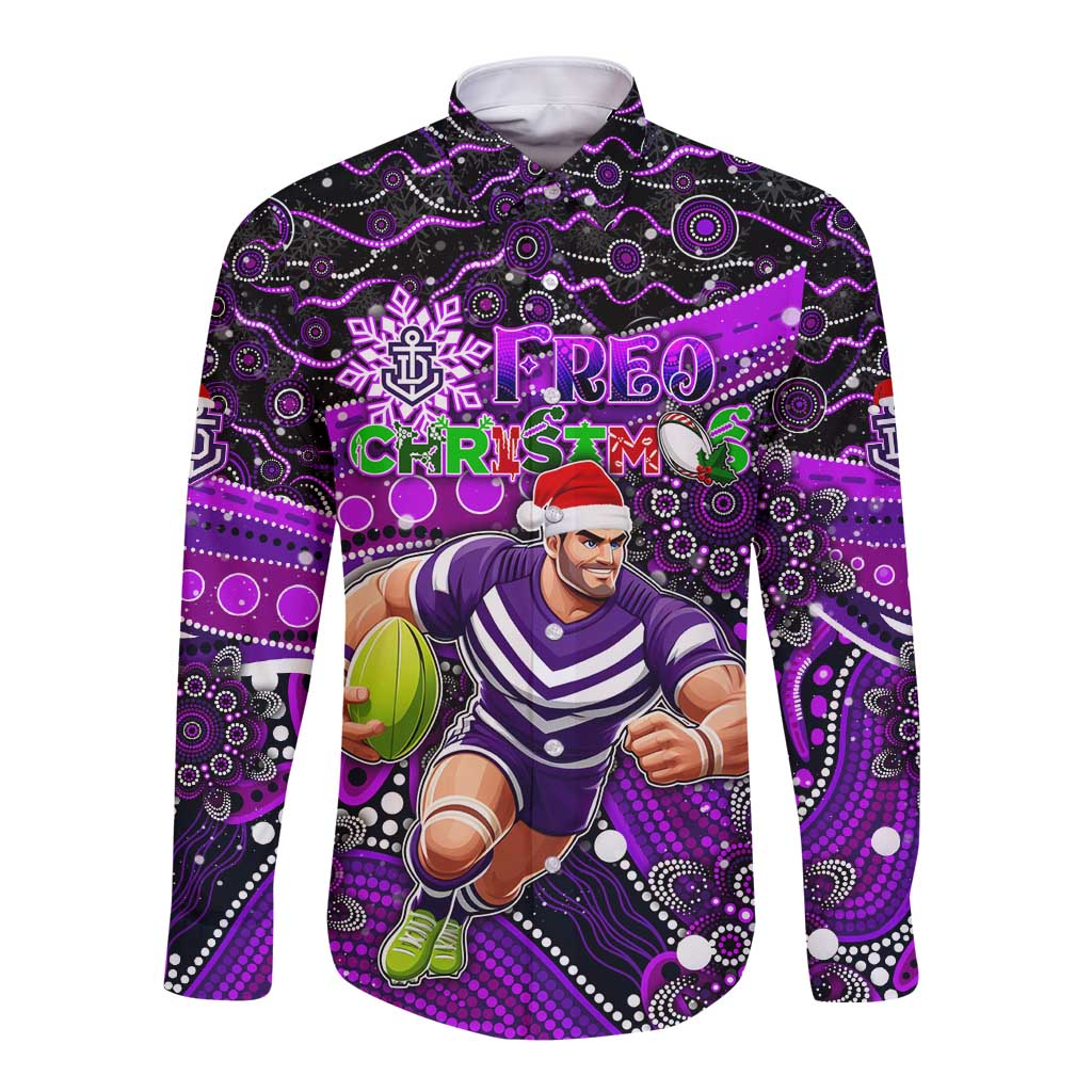 Merry Christmas AFL Fremantle Freo Long Sleeve Button Shirt Aboriginal Santa Football Mascot