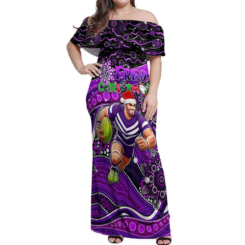 Merry Christmas AFL Fremantle Freo Off Shoulder Maxi Dress Aboriginal Santa Football Mascot