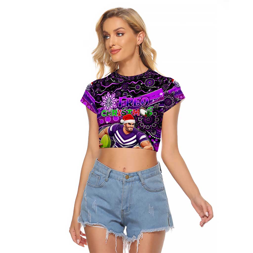 Merry Christmas AFL Fremantle Freo Raglan Cropped T Shirt Aboriginal Santa Football Mascot