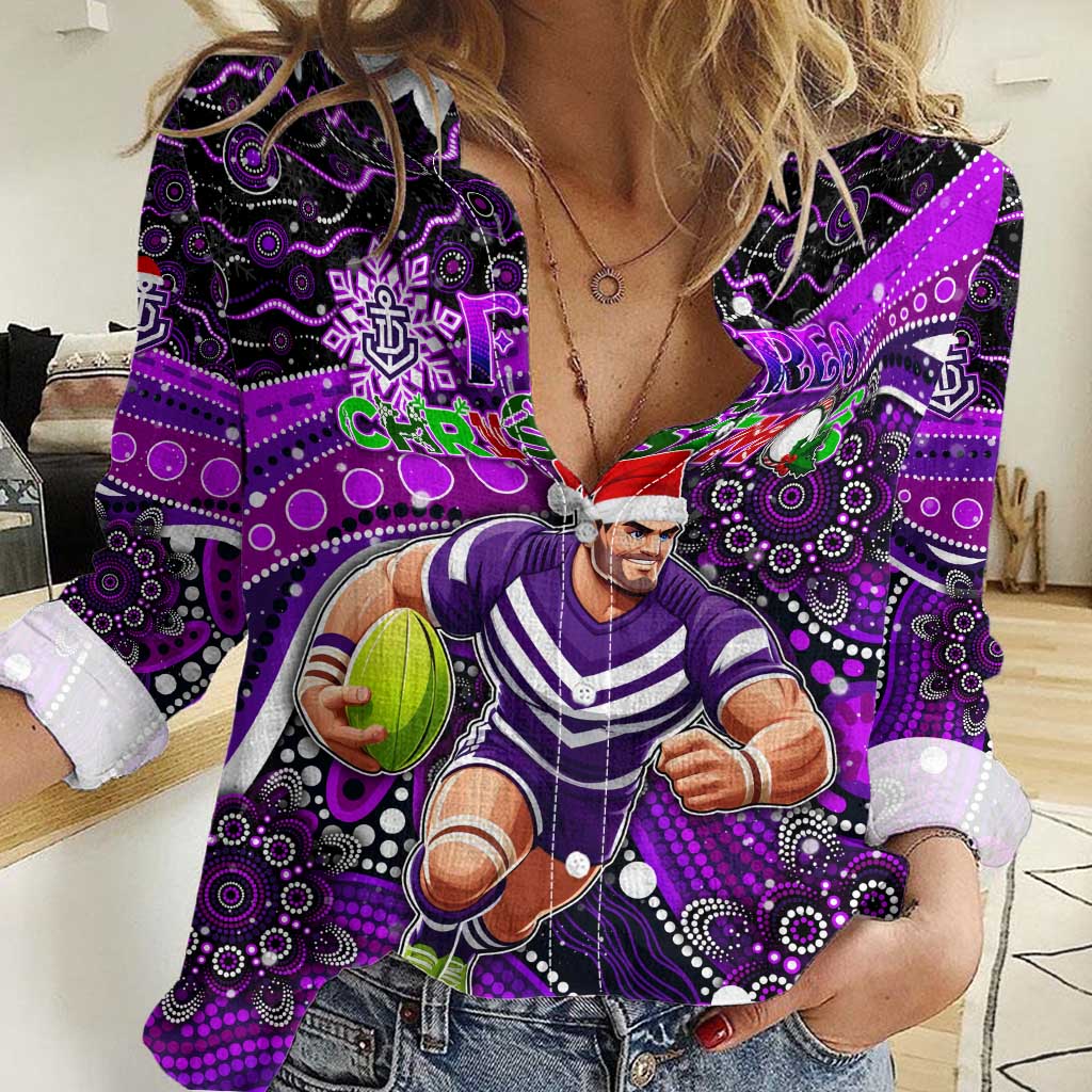 Merry Christmas AFL Fremantle Freo Women Casual Shirt Aboriginal Santa Football Mascot
