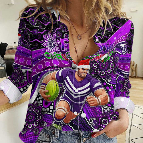 Merry Christmas AFL Fremantle Freo Women Casual Shirt Aboriginal Santa Football Mascot