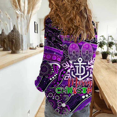 Merry Christmas AFL Fremantle Freo Women Casual Shirt Aboriginal Santa Football Mascot