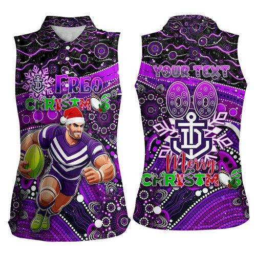 Merry Christmas AFL Fremantle Freo Women Sleeveless Polo Shirt Aboriginal Santa Football Mascot