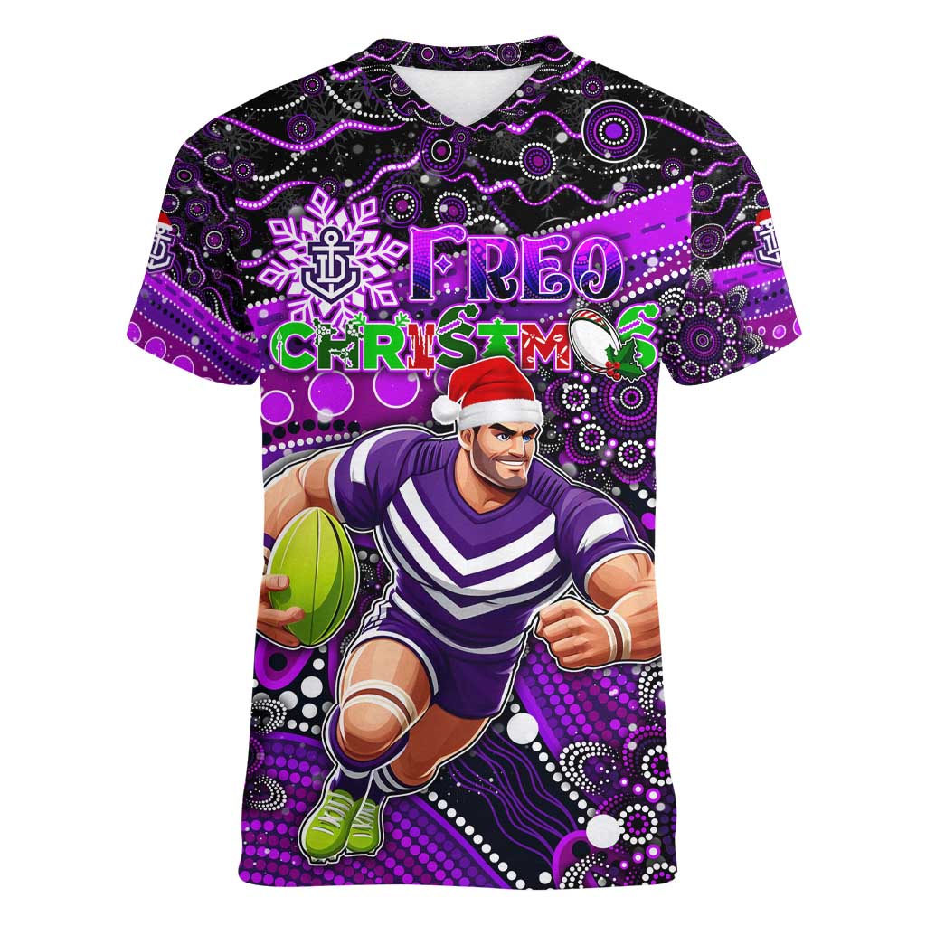 Merry Christmas AFL Fremantle Freo Women V-Neck T-Shirt Aboriginal Santa Football Mascot