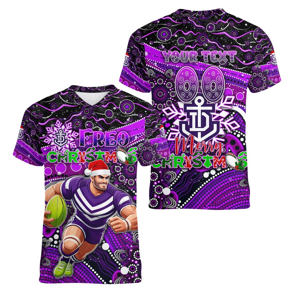 Merry Christmas AFL Fremantle Freo Women V-Neck T-Shirt Aboriginal Santa Football Mascot