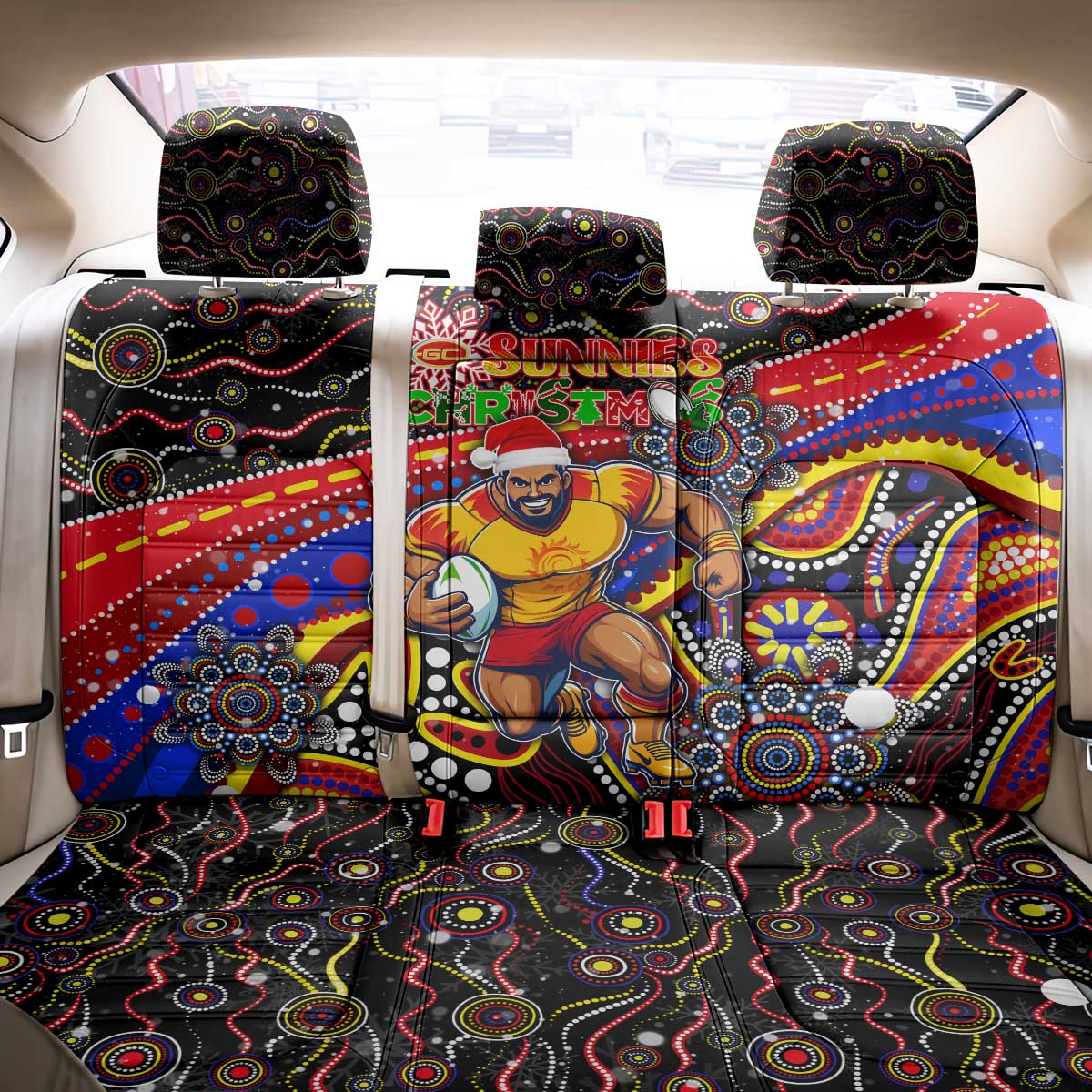 Merry Christmas AFL Gold Coast Suns Back Car Seat Cover Aboriginal Santa Football Mascot