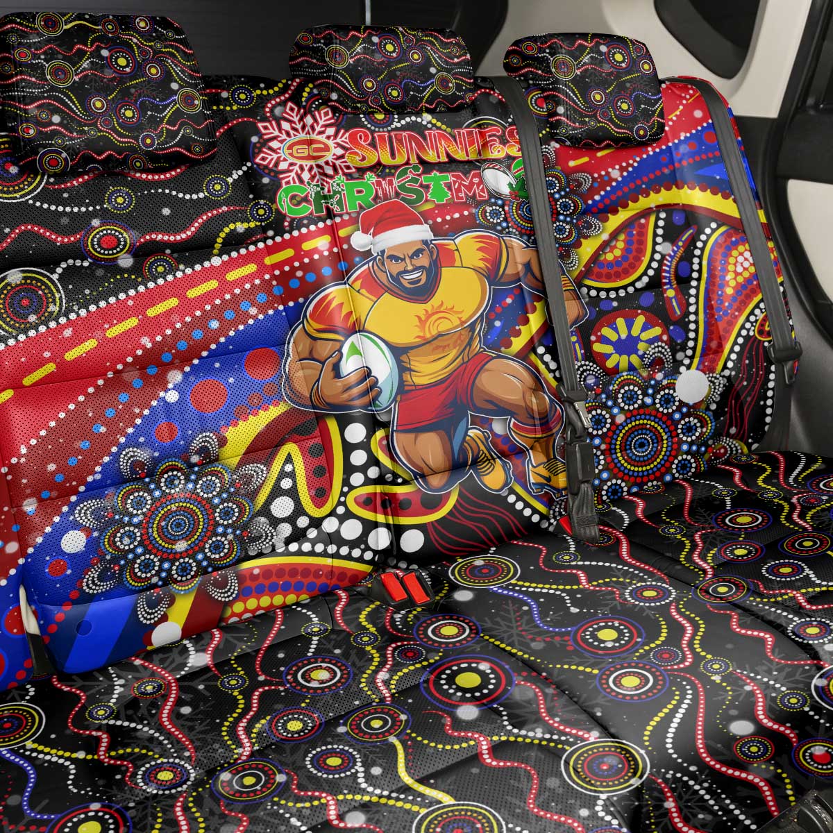 Merry Christmas AFL Gold Coast Suns Back Car Seat Cover Aboriginal Santa Football Mascot