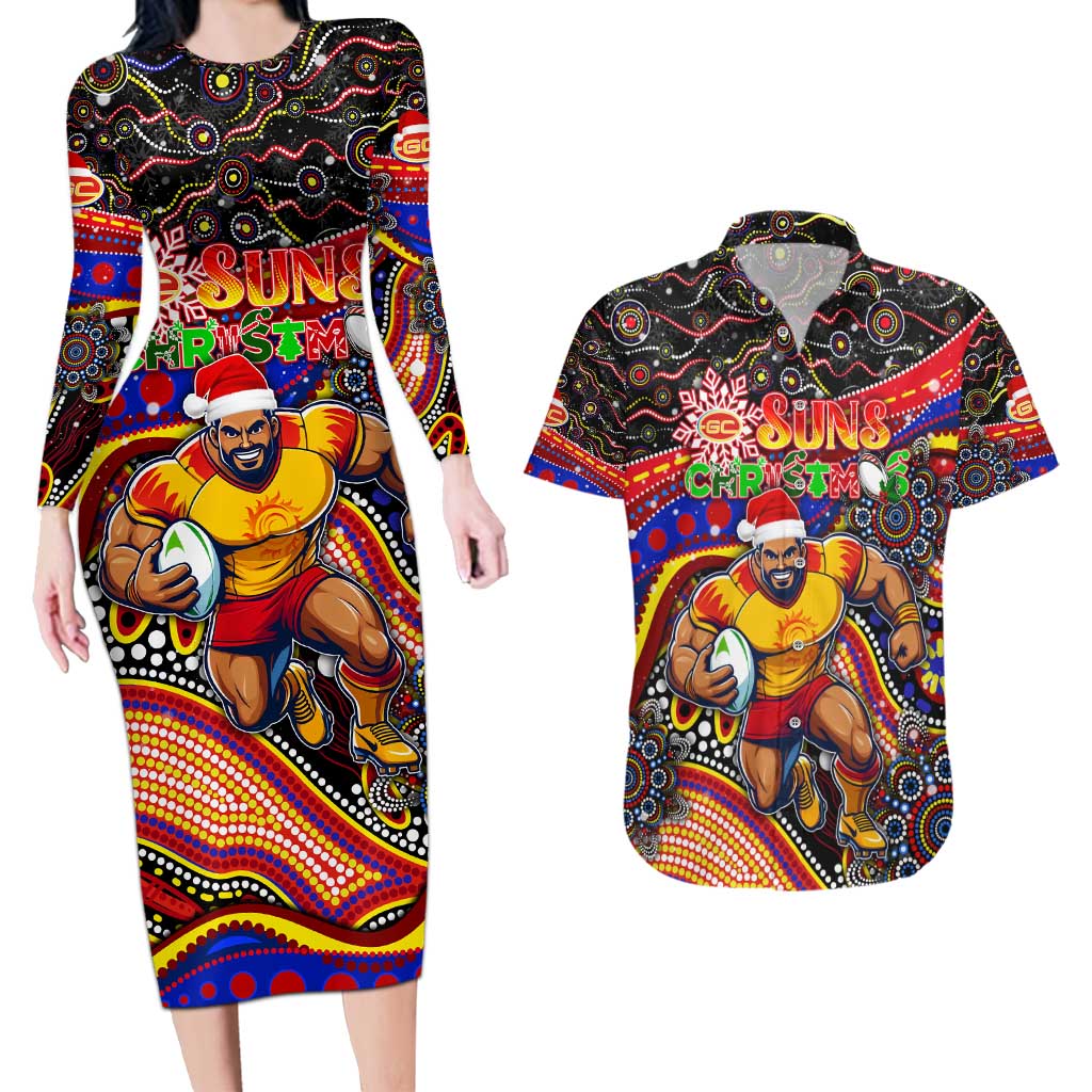 Merry Christmas AFL Gold Coast Suns Couples Matching Long Sleeve Bodycon Dress and Hawaiian Shirt Aboriginal Santa Football Mascot