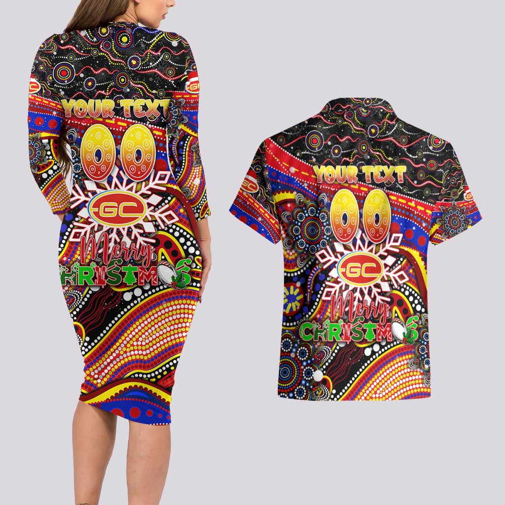 Merry Christmas AFL Gold Coast Suns Couples Matching Long Sleeve Bodycon Dress and Hawaiian Shirt Aboriginal Santa Football Mascot