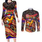Merry Christmas AFL Gold Coast Suns Couples Matching Long Sleeve Bodycon Dress and Long Sleeve Button Shirt Aboriginal Santa Football Mascot
