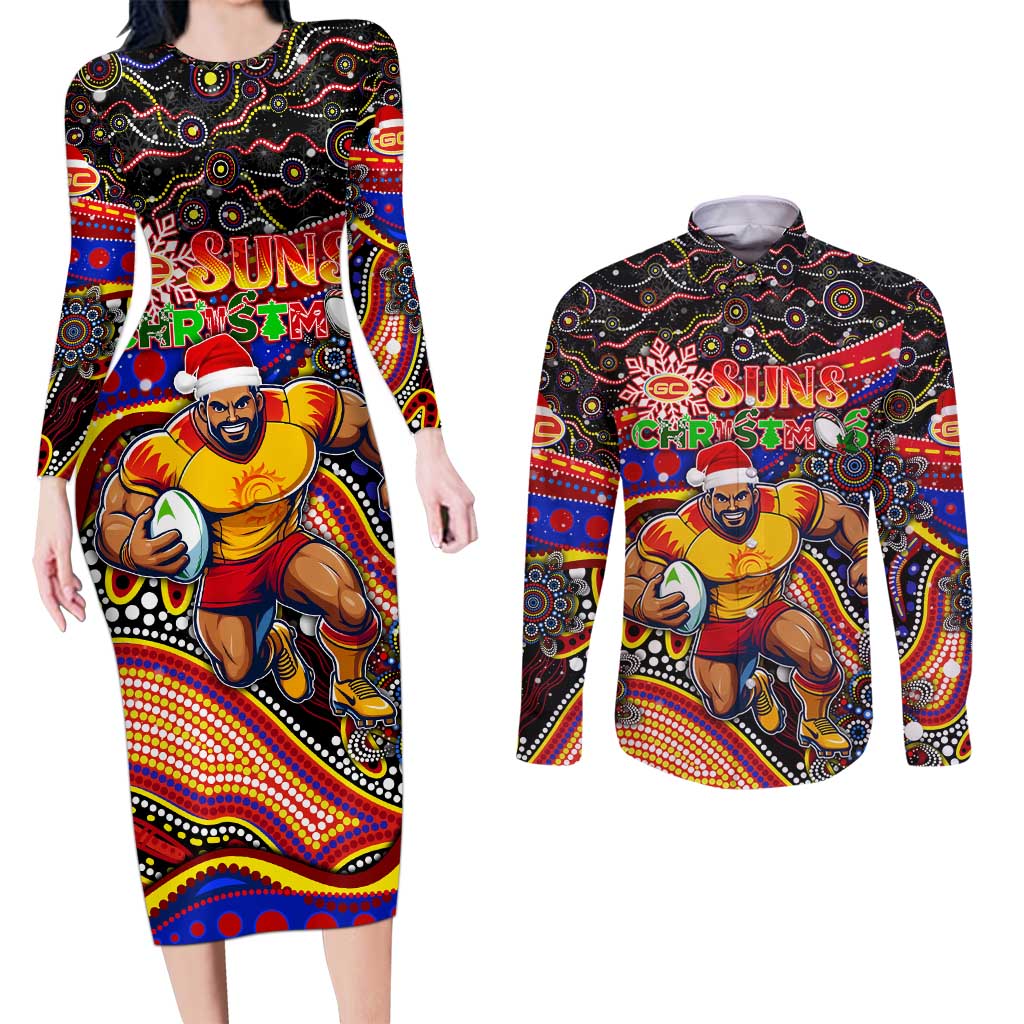 Merry Christmas AFL Gold Coast Suns Couples Matching Long Sleeve Bodycon Dress and Long Sleeve Button Shirt Aboriginal Santa Football Mascot