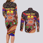 Merry Christmas AFL Gold Coast Suns Couples Matching Long Sleeve Bodycon Dress and Long Sleeve Button Shirt Aboriginal Santa Football Mascot
