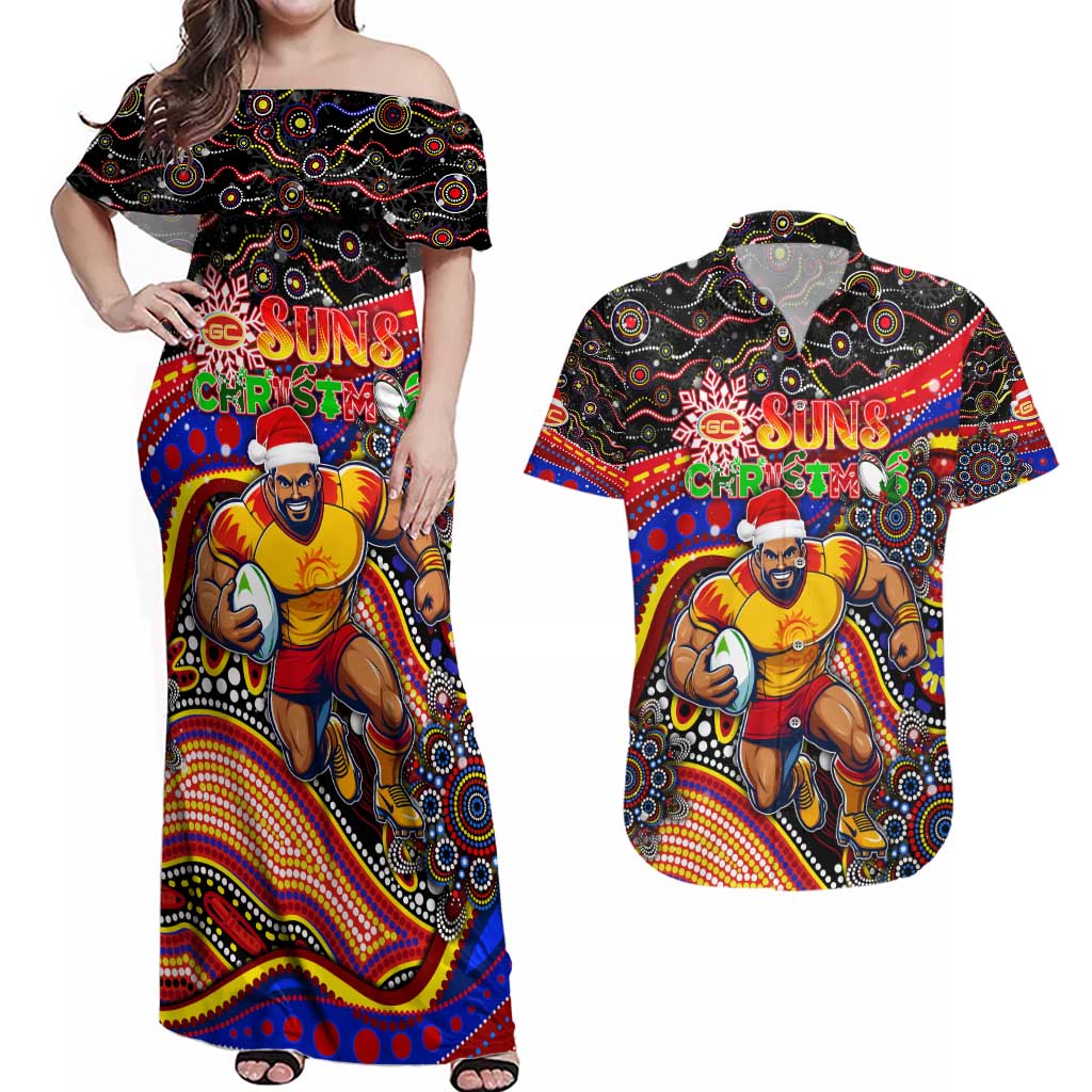Merry Christmas AFL Gold Coast Suns Couples Matching Off Shoulder Maxi Dress and Hawaiian Shirt Aboriginal Santa Football Mascot