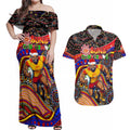 Merry Christmas AFL Gold Coast Suns Couples Matching Off Shoulder Maxi Dress and Hawaiian Shirt Aboriginal Santa Football Mascot